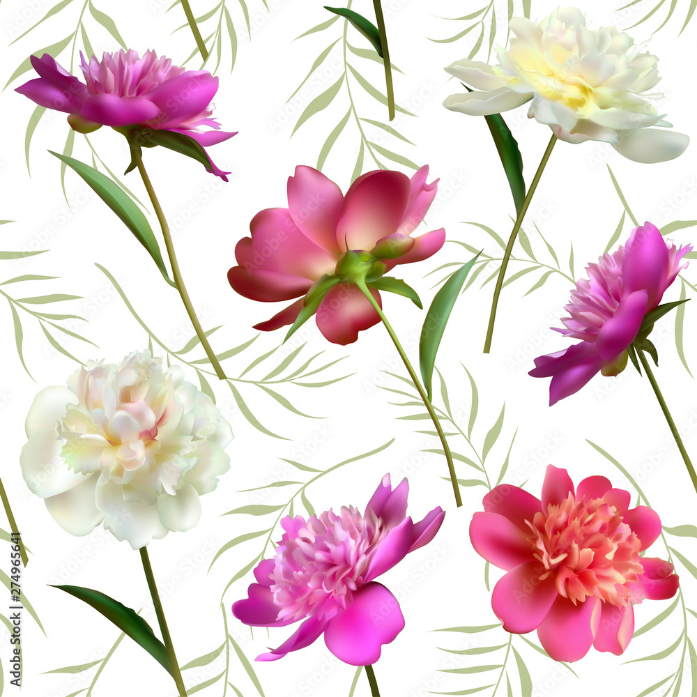 Peonies. Seamless pattern. Flowers. Floral background. Leaves. Petals. Pink. White. Color. Bright.