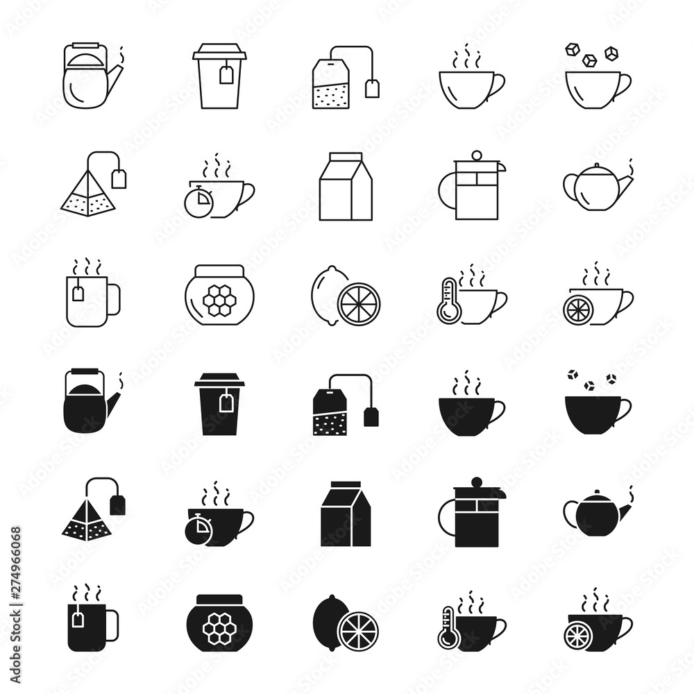 Tea black silhouettes and outline icons set Tea black silhouettes and outline icons set