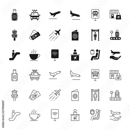 Airport black silhouettes and outline icons set