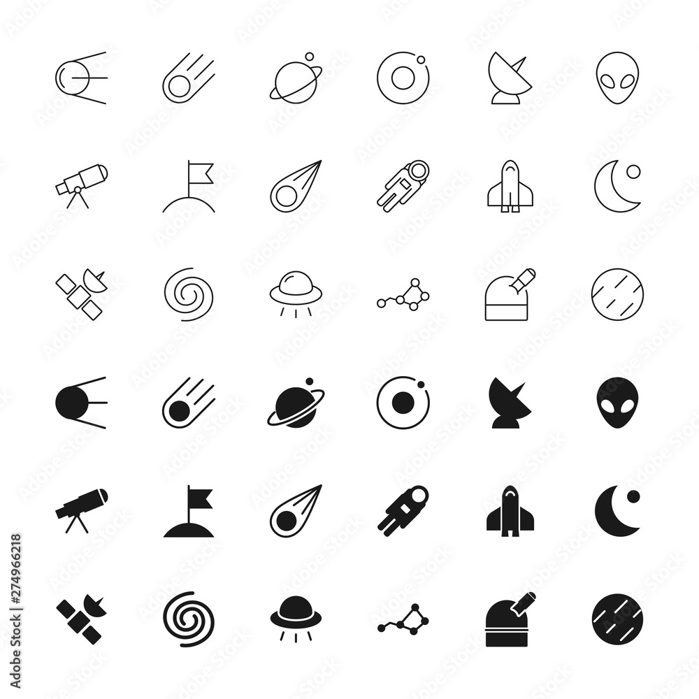 Space silhouettes and outline icons set - obrazy, fototapety, plakaty 