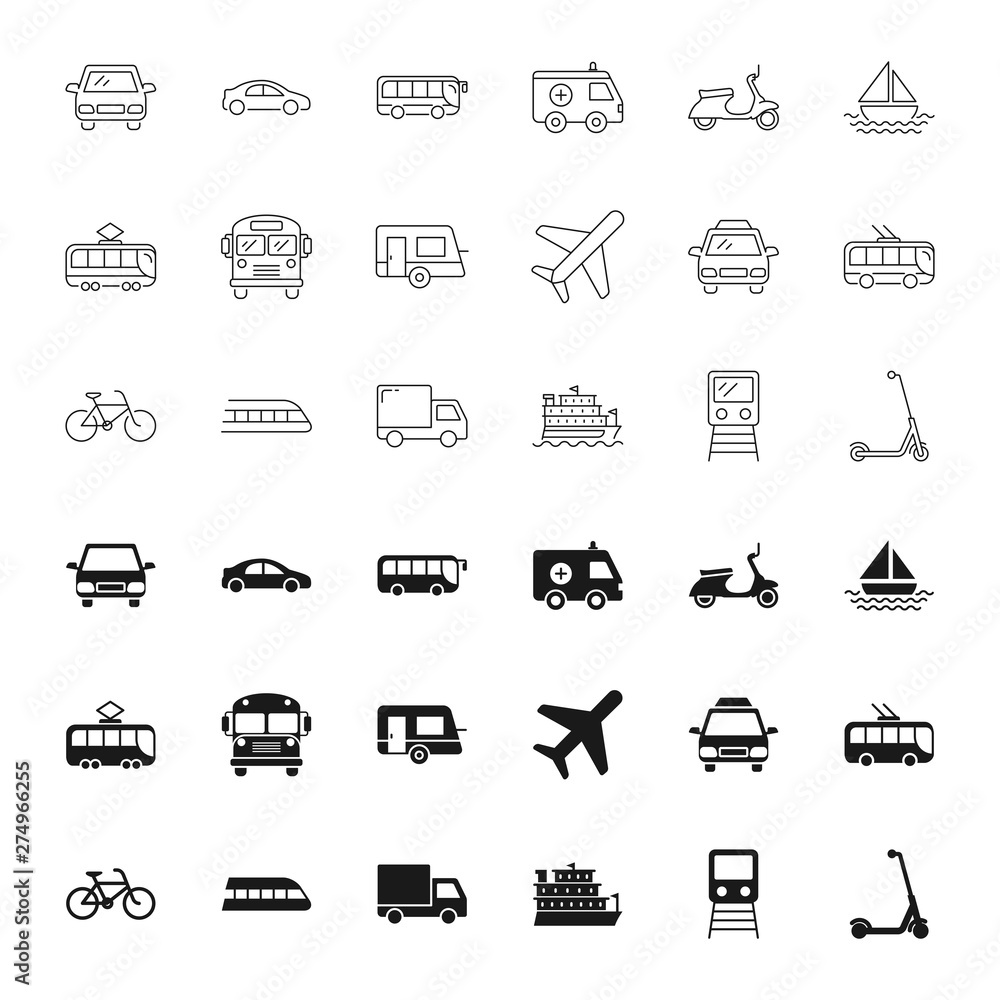 Transport silhouettes and outline icons set Transport silhouettes and outline icons set