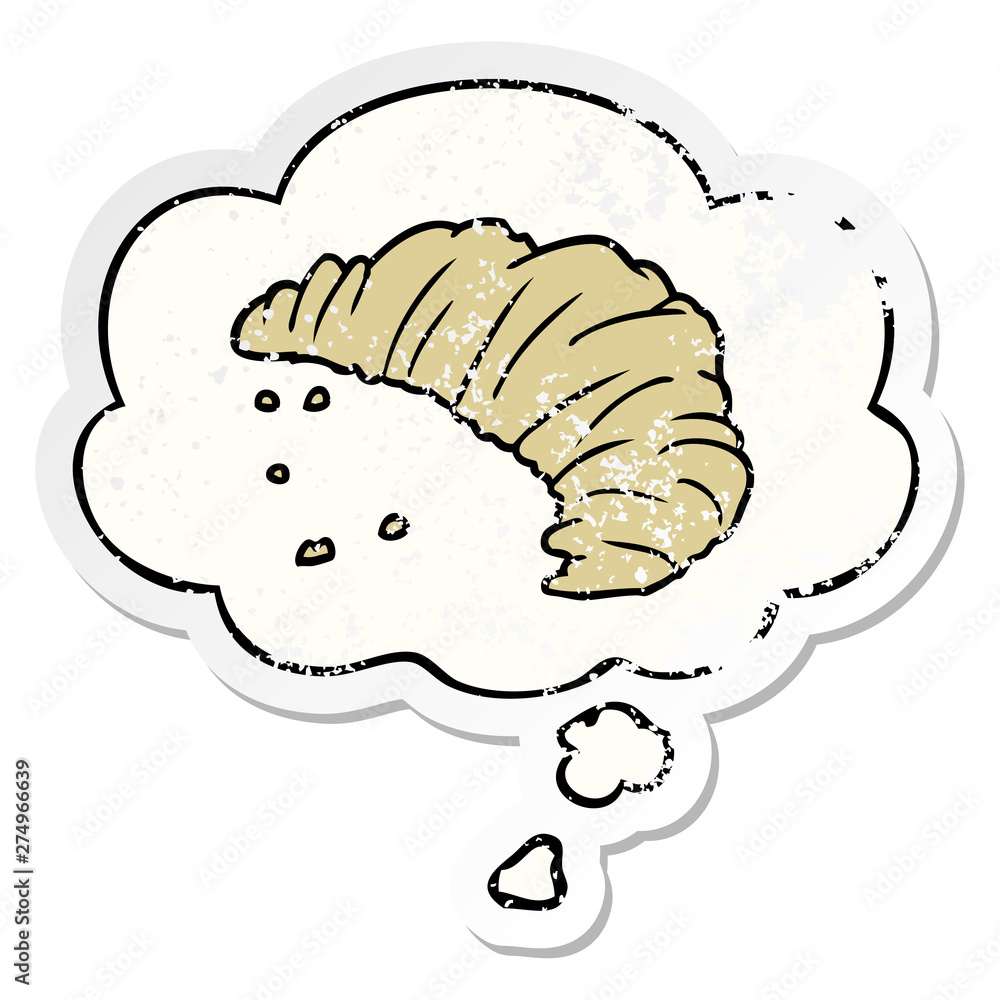 cartoon croissant and thought bubble as a distressed worn sticker cartoon croissant and thought bubble as a distressed worn sticker