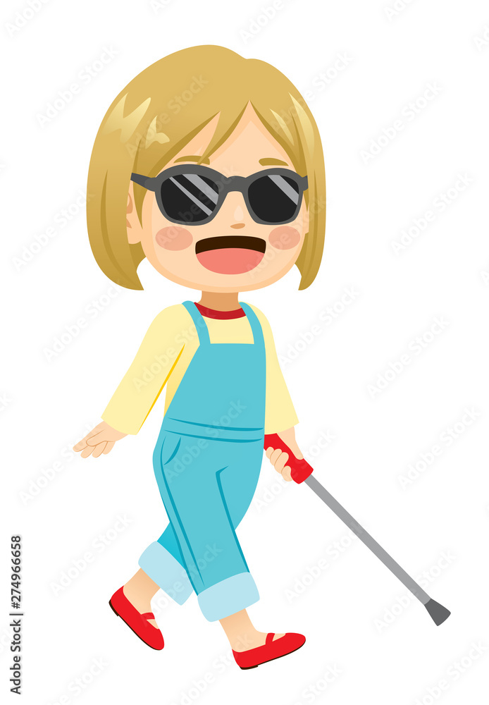 Cute little cheerful blonde blind girl walking wearing sunglasses Cute little cheerful blonde blind girl walking wearing sunglasses