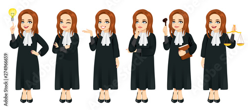 Female judge set in different poses and gestures isolated