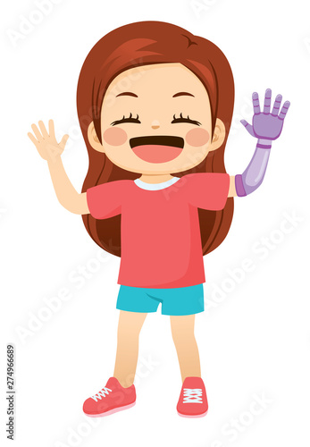 Happy sweet little girl with prosthetic arm
