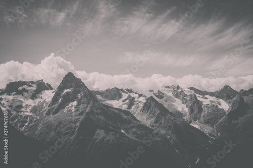 Panorama view of dramatic sky and mountains scene in national park Dombay