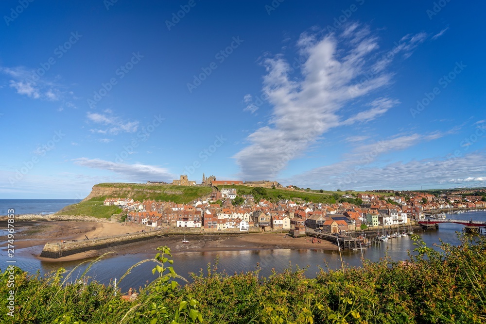 Whitby harbour cliff view.
