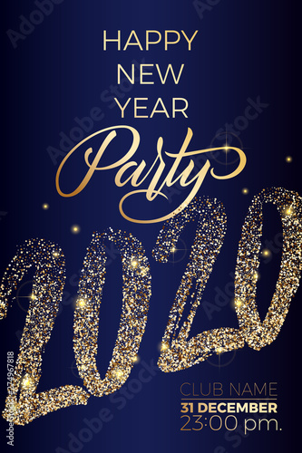 Happy new year party flyer with golden lettering 2020