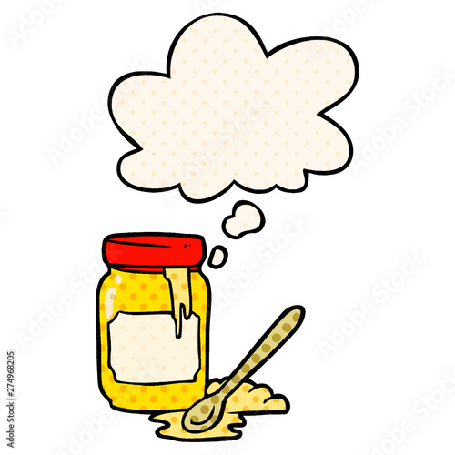 cartoon jar of honey and thought bubble in comic book style