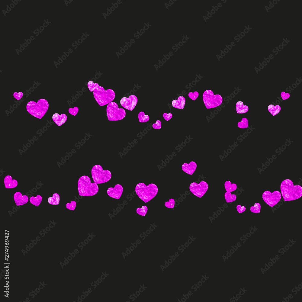 Mothers day background with pink glitter confetti. Isolated heart symbols in rose color. 
