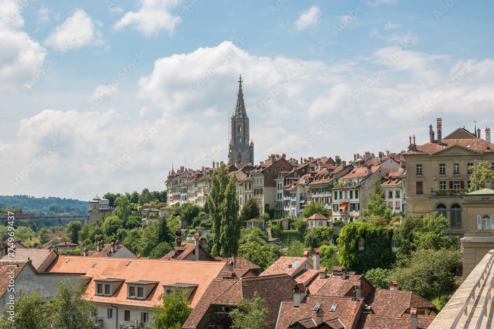 Panoramic view on Bern Minster and historic old town of Bern