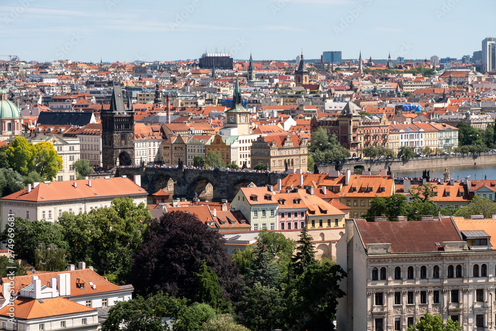 Aerial Cityscape of Prague with Charles Bridge and Old Town - View from the Hradschin Castle