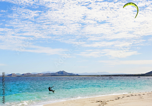Kiteboarder playing in the sea of Cortez in the Baja, Los Barriles, Mexico. 