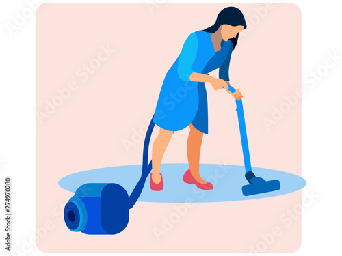 Woman cleaning, vacuuming the floor. In minimalist style. Cartoon flat vector