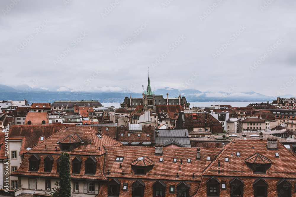 Panoramic view of historic Lausanne city center, Switzerland, Europe
