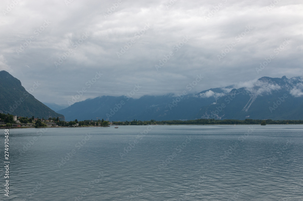 View on lake Zeneva and mountains, city Montreux, Switzerland, Europe