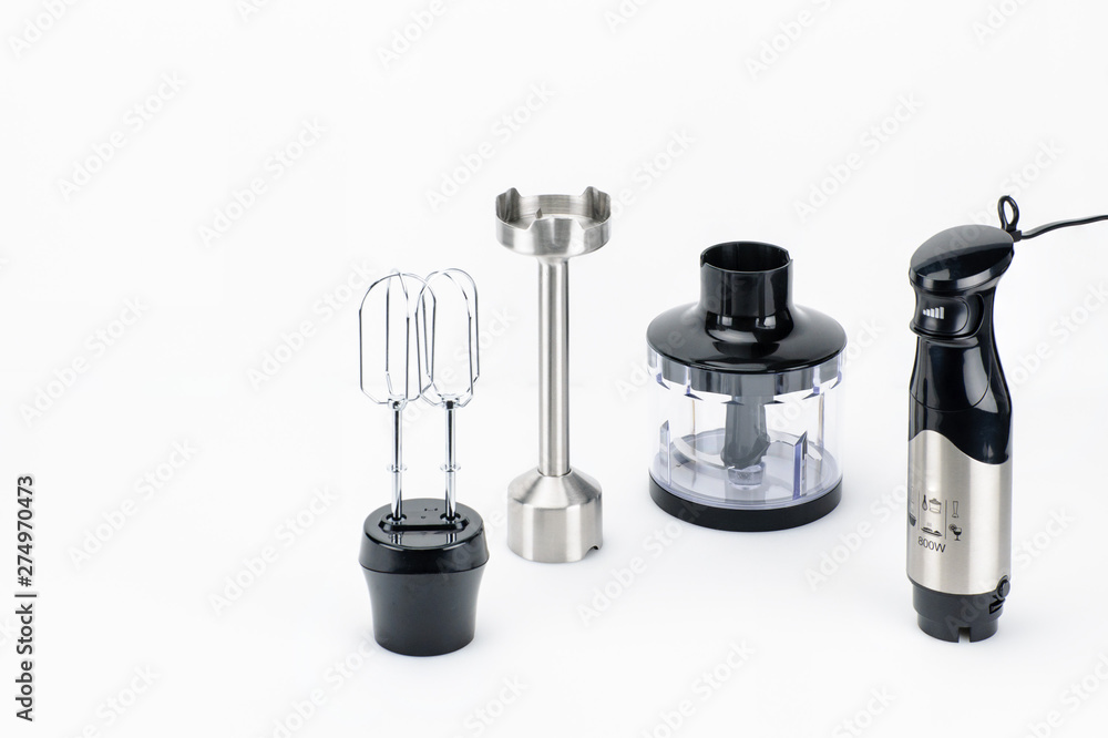 Blender with accessory on the white matt background with copy space Blender with accessory on the white matt background with copy space
