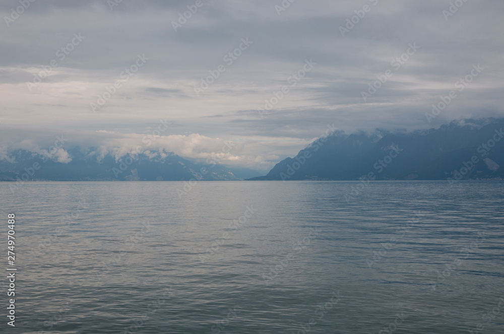 View on lake Zeneva and mountains, city Montreux, Switzerland, Europe