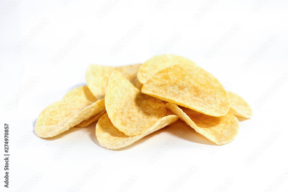 Close up of potato chips slice on white background Close up of potato chips slice on white background