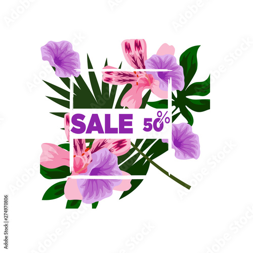 Floral colorful flowers in a frame. 50% discount Sale banner template design. Big sale special offer. 50 percen discount Special offer banner for poster, flyer, brochure, sticker. Vector illustration. photo