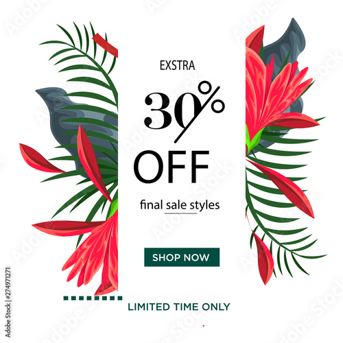 Colorful floral limited time summer Sale banner template design. 30 % discount Big sale special offer. Green red leaves. Special offer banner for poster, flyer, brochure, sticker. Vector illustration.