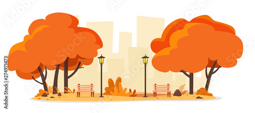 Autumn city park with benches and street lamps. Vector illustration of a flat style.