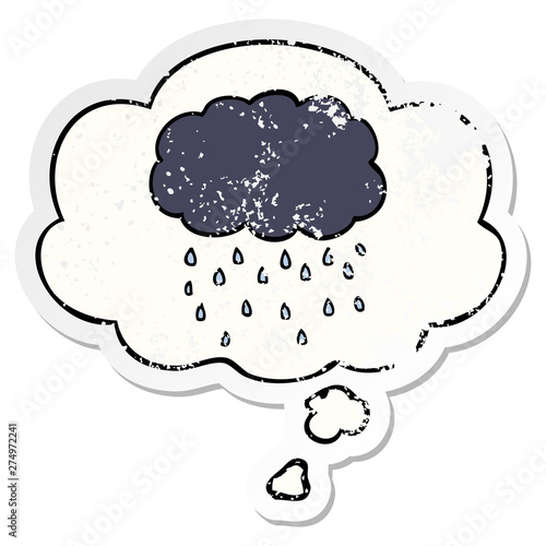 cartoon cloud raining and thought bubble as a distressed worn sticker