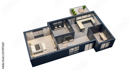 modern interior design, isolated floor plan with black walls, blueprint of apartment, house, furniture, isometric, perspective view, 3d rendering