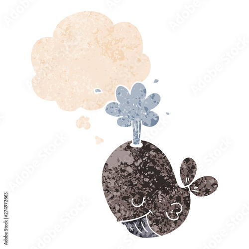 cartoon spouting whale and thought bubble in retro textured style