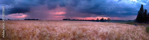 Beautiful sunset and storm clouds over the fields, on the last day of spring, in Biskupice Podgorne near Wroclaw, Poland. photo