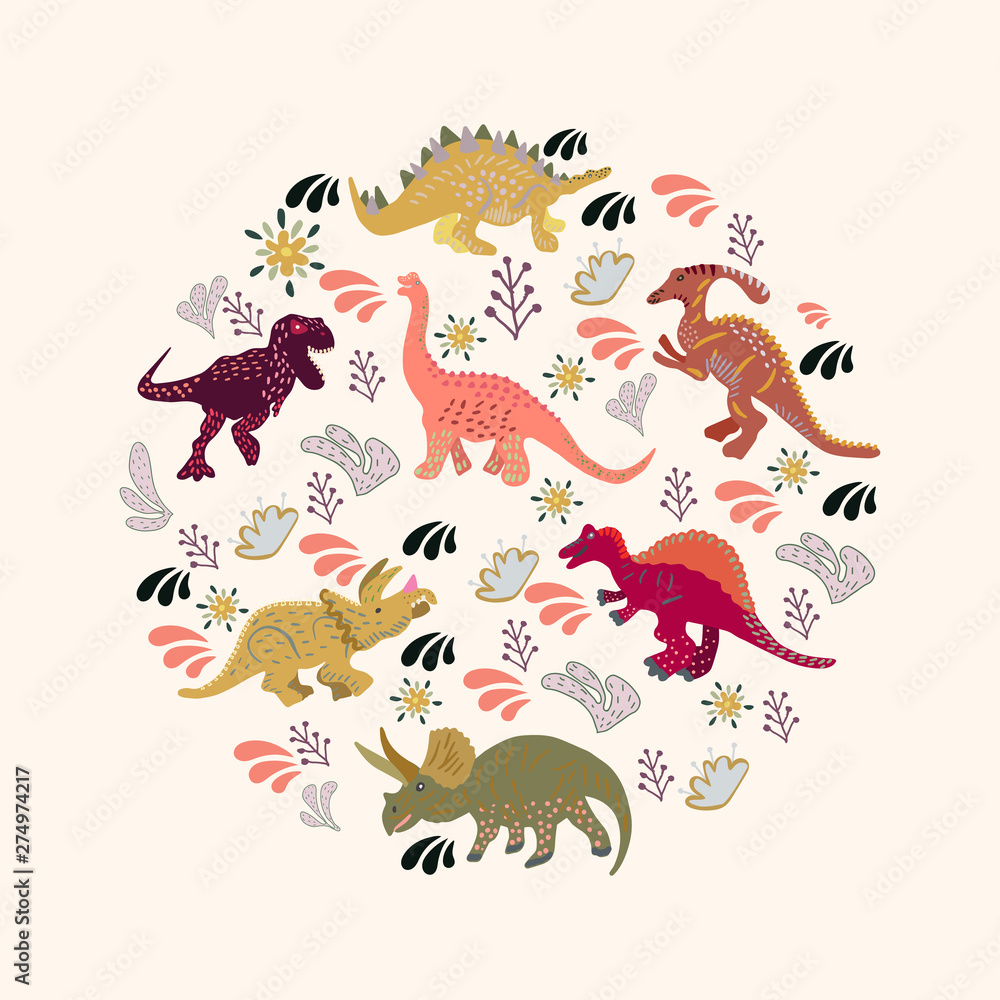 Dinosaurs round flat hand drawn composition. Dinosaurs round flat hand drawn composition.