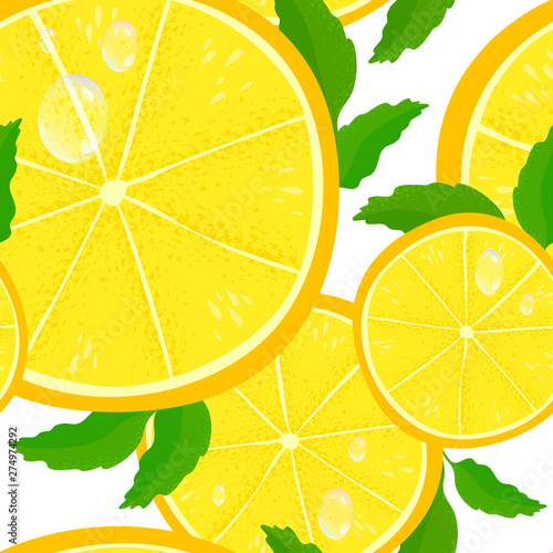 Seamless pattern. Lemon slices with mint leaves.