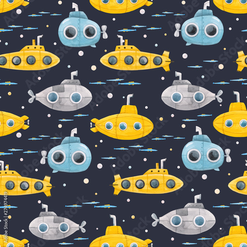 Watercolor underwater submarine vector pattern
