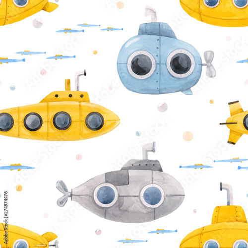 Watercolor underwater submarine vector pattern