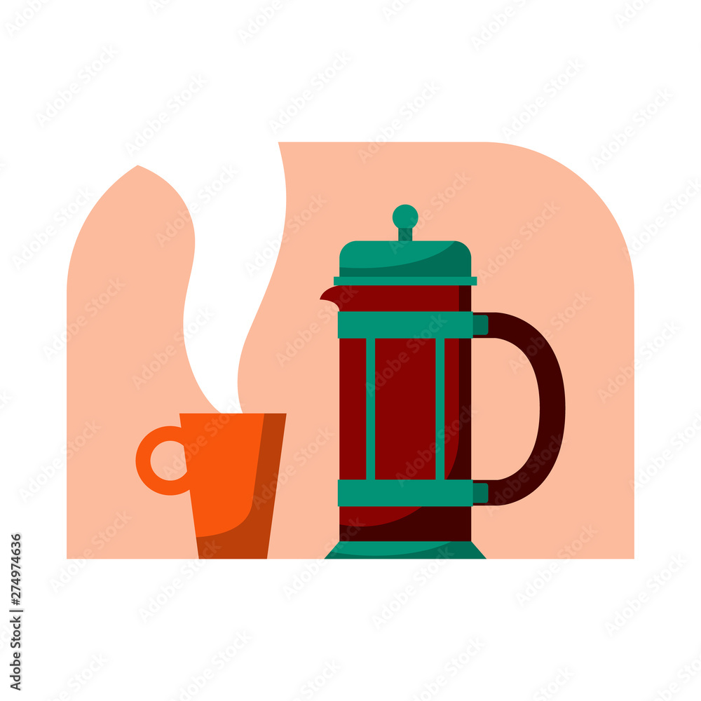 Obraz premium French press with mug. Modern style flat cartoon vector illustration. Coffee pot for happy International or national Coffee Day. Suitable for greeting card, poster and banner background.