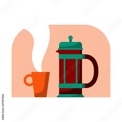 French press with mug. Modern style flat cartoon vector illustration. Coffee pot for happy International or national Coffee Day. Suitable for greeting card, poster and banner background.