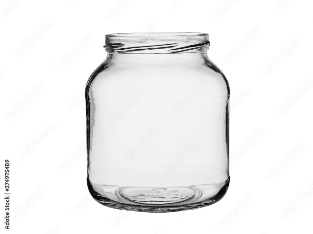 The empty opened jar from transparent glass. Isolated on a white background The empty opened jar from transparent glass. Isolated on a white background