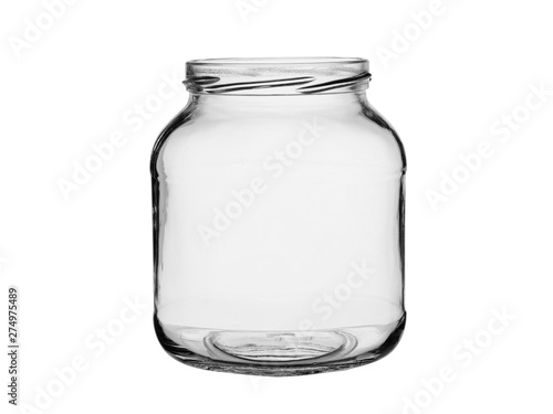 The empty opened jar from transparent glass. Isolated on a white background