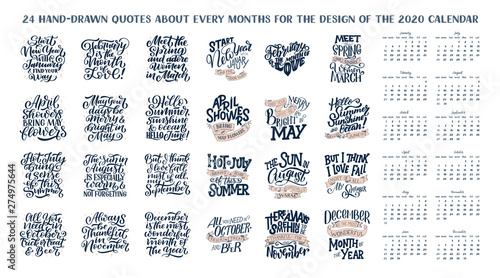 Set of compositions for every months, calendar, planner template. Hand drawn lettering quotes for calendar design, illustration