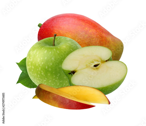 Apple and mango isolated on white background.