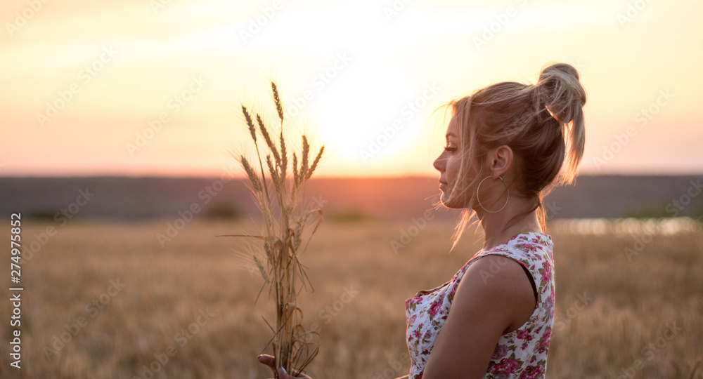 young seductive rural blond hair woman in dress on the yellow wheat field keeps spikelets of wheat young seductive rural blond hair woman in dress on the yellow wheat field keeps spikelets of wheat