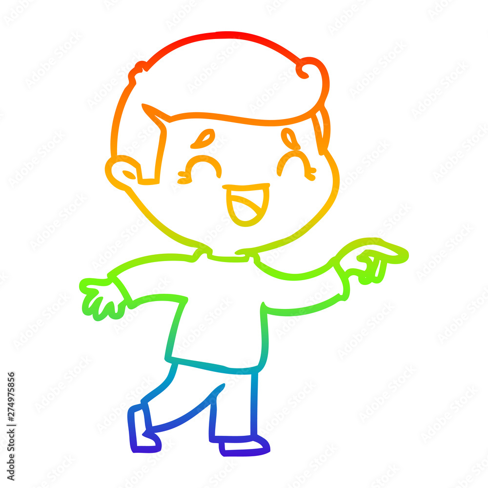 rainbow gradient line drawing cartoon laughing man pointing