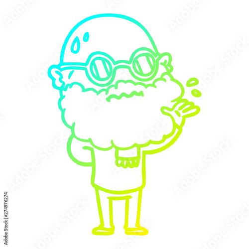 cold gradient line drawing cartoon worried man with beard and spectacles