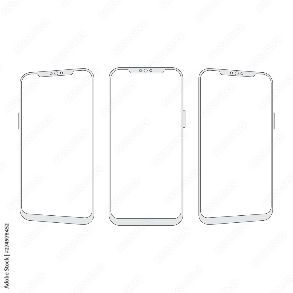 Realistic smartphone with white screen different views. Vector.