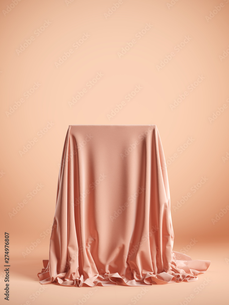 Presentation pedestal with pink silk cloth on a pink background. Isolated with clipping path. Presentation pedestal with pink silk cloth on a pink background. Isolated with clipping path.