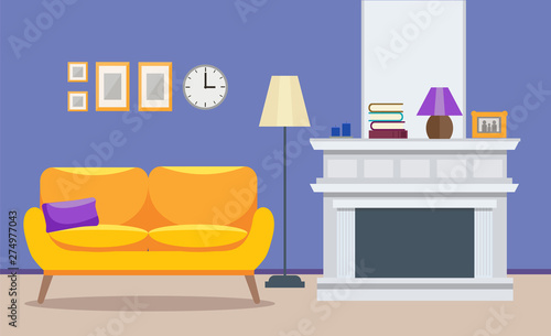 Living room modern interior - a sofa with a fireplace, apartment design. Vector illustration in flat style.