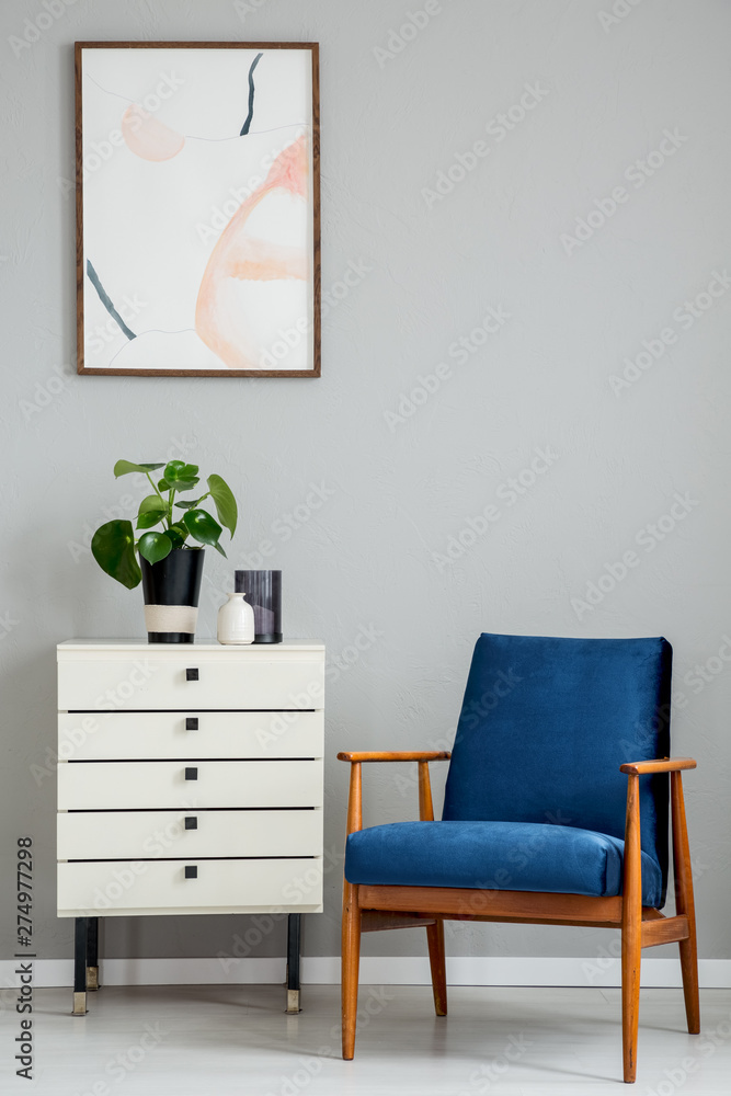 Poster above white cabinet with plant next to blue wooden armchair in grey flat interior. Real photo - obrazy, fototapety, plakaty 
