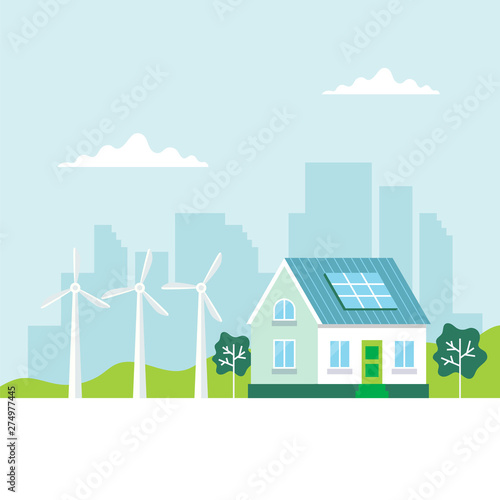 Green energy illustration with a house, solar panels, wind turbines, city background, copy space. Concept illustration for ecology, green power, wind energy, sustainability