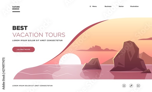 Landing page template. Modern landscape background with sunset on the sea. Vector illustration