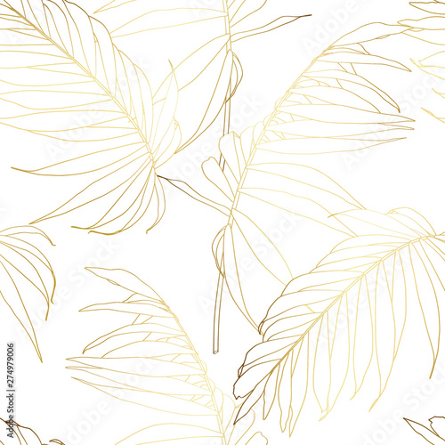 Nature seamless pattern. Hand drawn  tropical summer background: golden palm tree leaves, line art. White background.